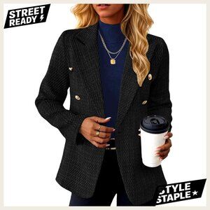 Women's Tweed Blazer Jacket Double-Breasted Fully-Lined Slim Fit Office Wear